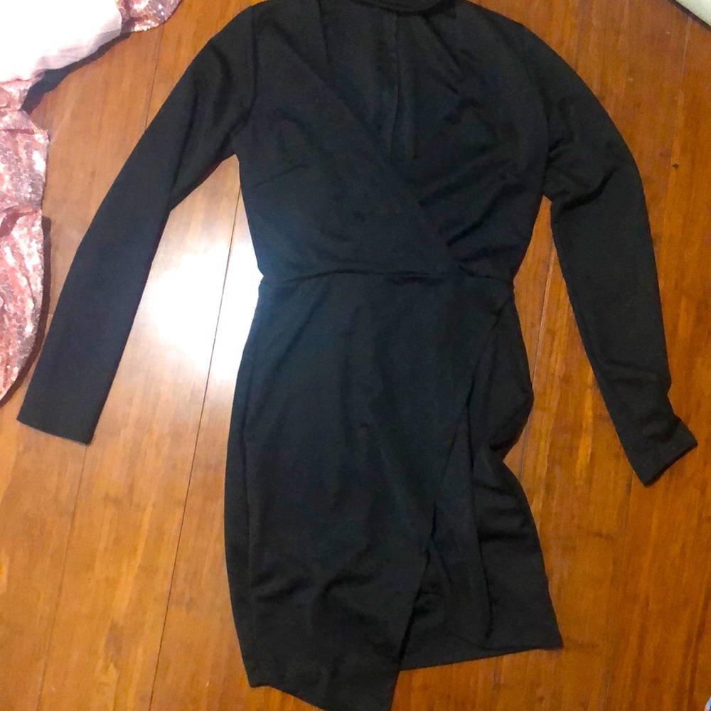 Sexy side slit choker, low cut black dress